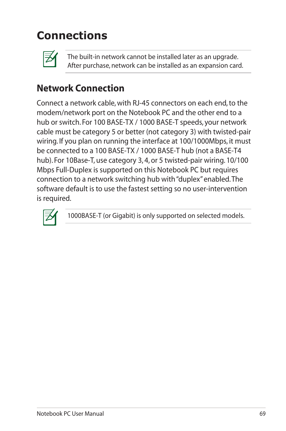 Connections, Network connection | Asus B33E User Manual | Page 69 / 118