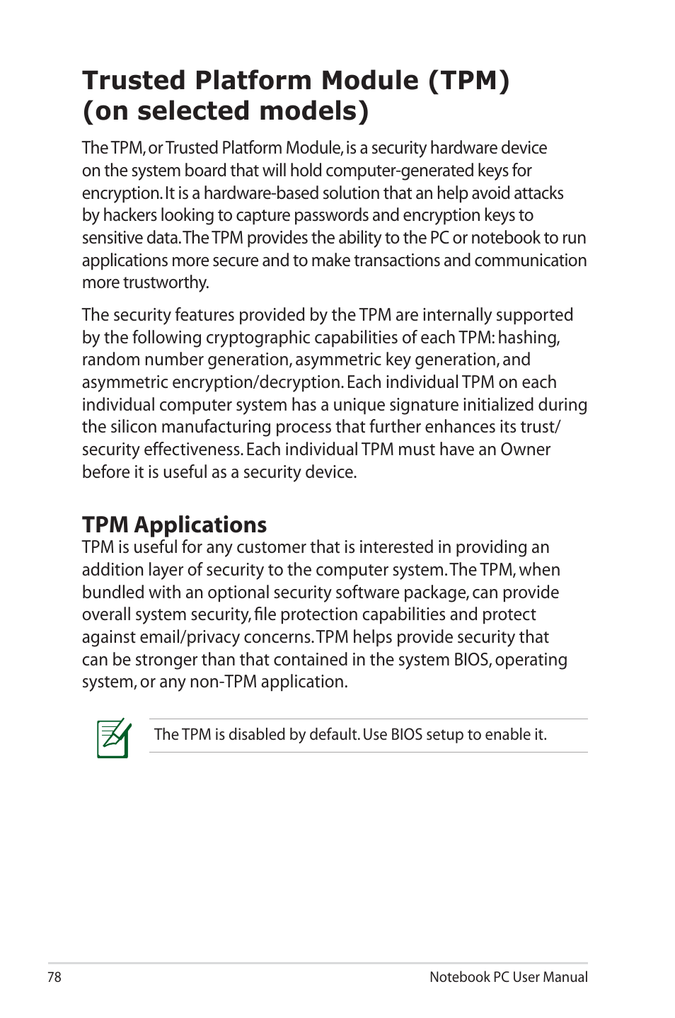 Trusted platform module (tpm)(on selected models), Trusted platform module (tpm) (on selected models), Tpm applications | Asus B33E User Manual | Page 78 / 118