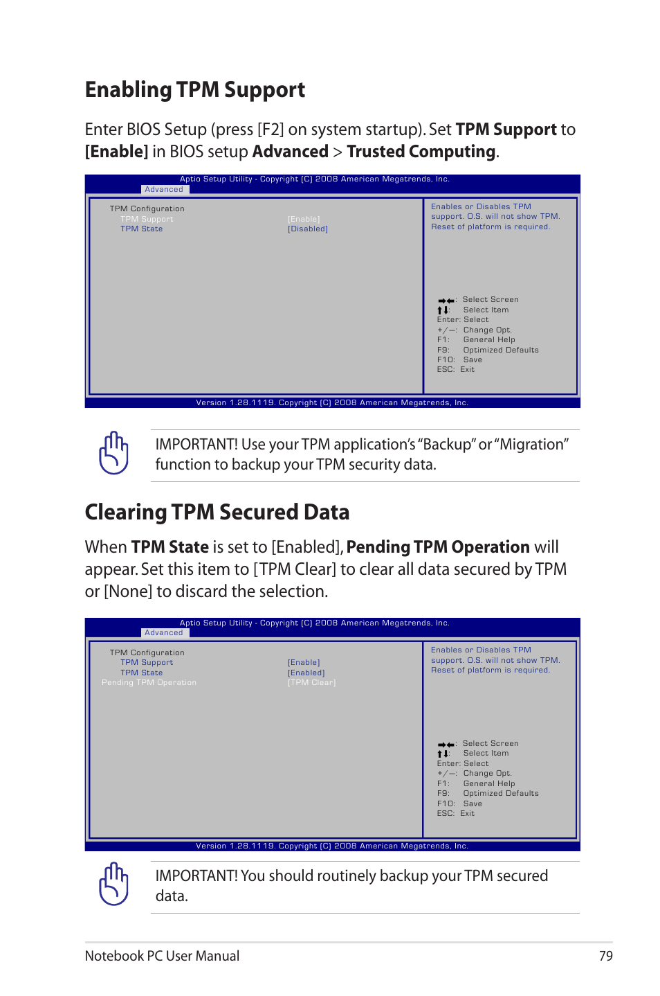 Enabling tpm support, Clearing tpm secured data, Enabling tpm support clearing tpm secured data | Asus B33E User Manual | Page 79 / 118