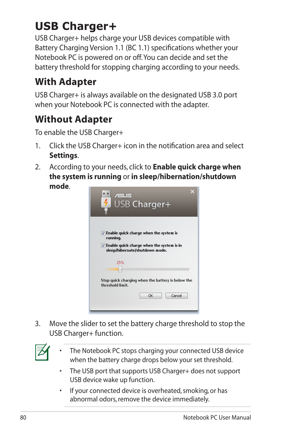 Usb charger, With adapter, Without adapter | Asus B33E User Manual | Page 80 / 118