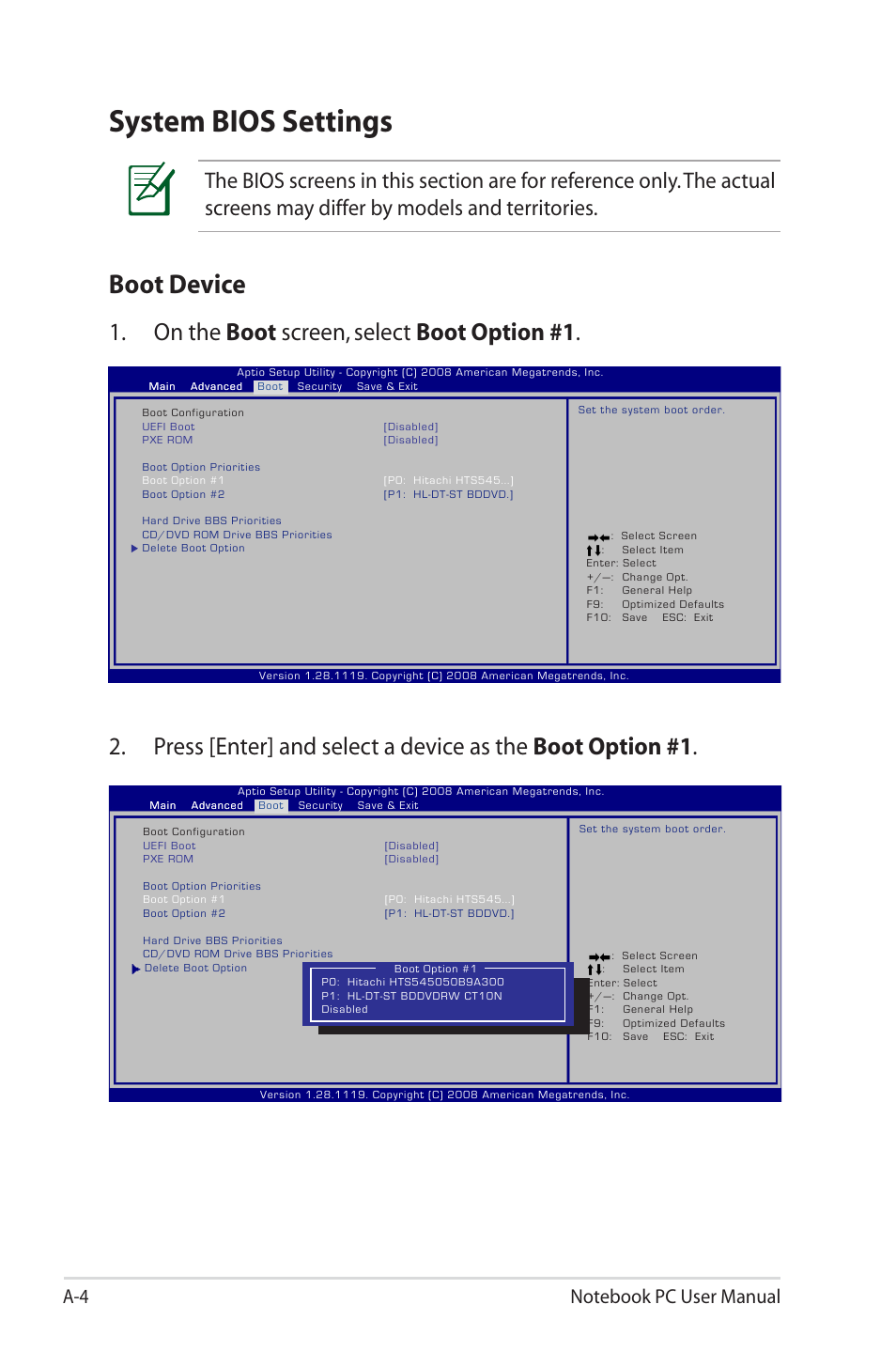 System bios settings, Boot device, On the boot screen, select boot option #1 | Asus B33E User Manual | Page 84 / 118