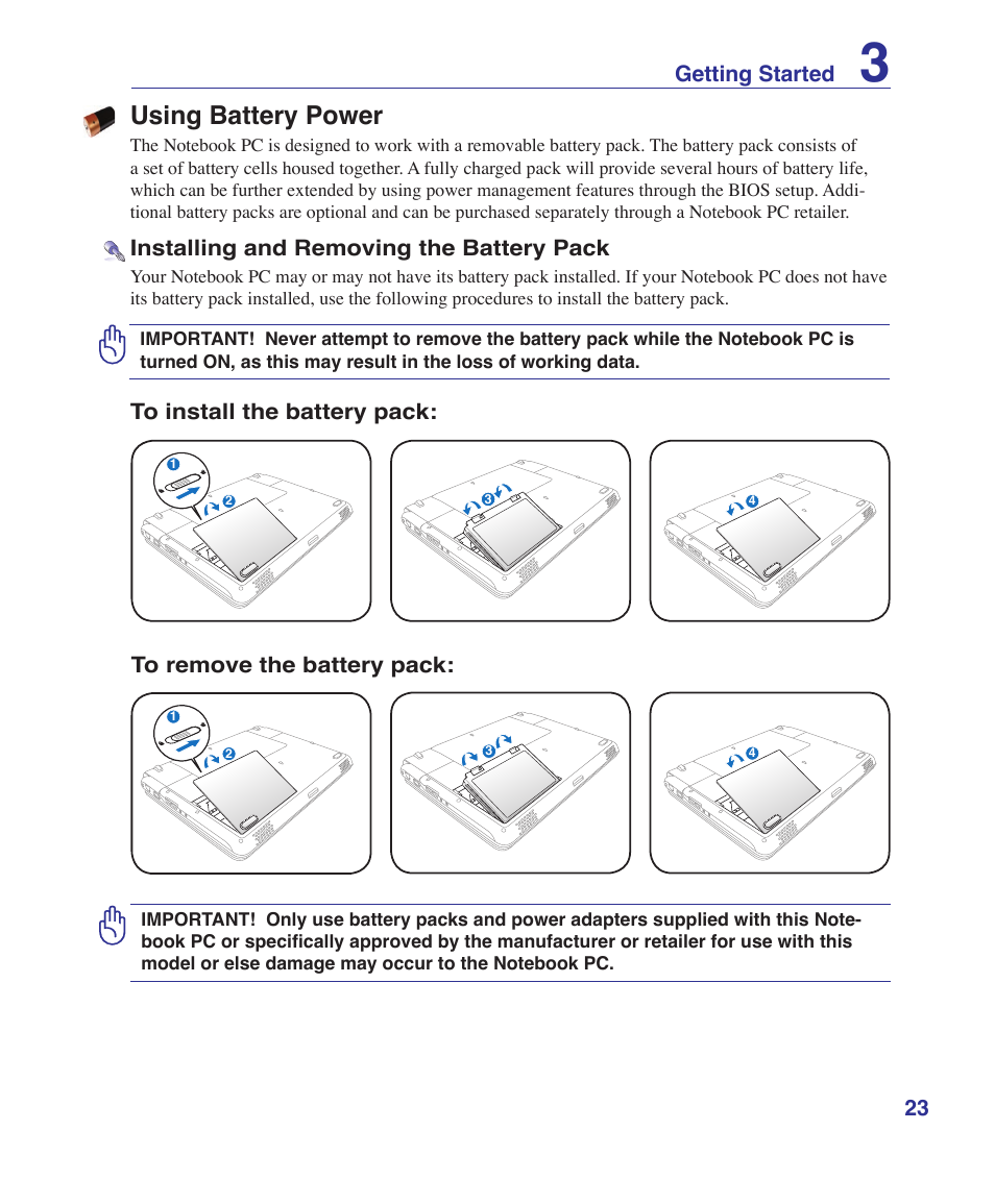 Using battery power, Installing and removing the battery pack, Getting started | Asus X5DIN User Manual | Page 23 / 78