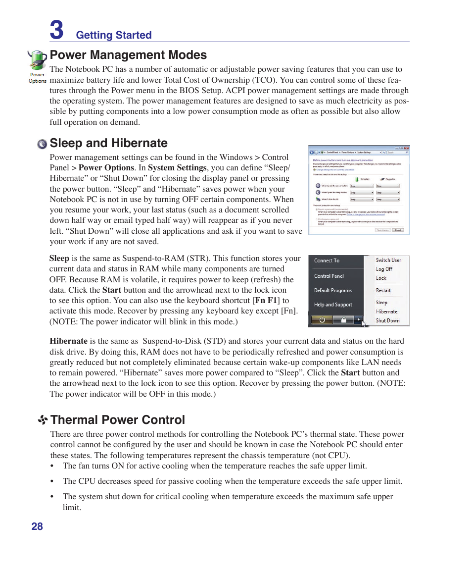 Power management modes, Sleep and hibernate, Thermal power control | Asus X5DIN User Manual | Page 28 / 78