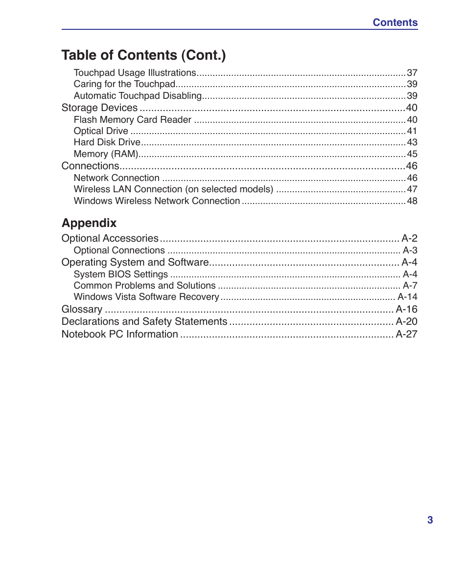 Table of contents (cont.), Appendix | Asus X5DIN User Manual | Page 3 / 78