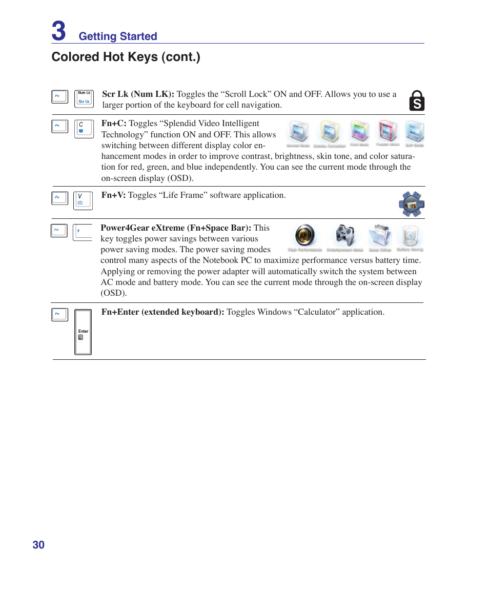 Colored hot keys (cont.) | Asus X5DIN User Manual | Page 30 / 78