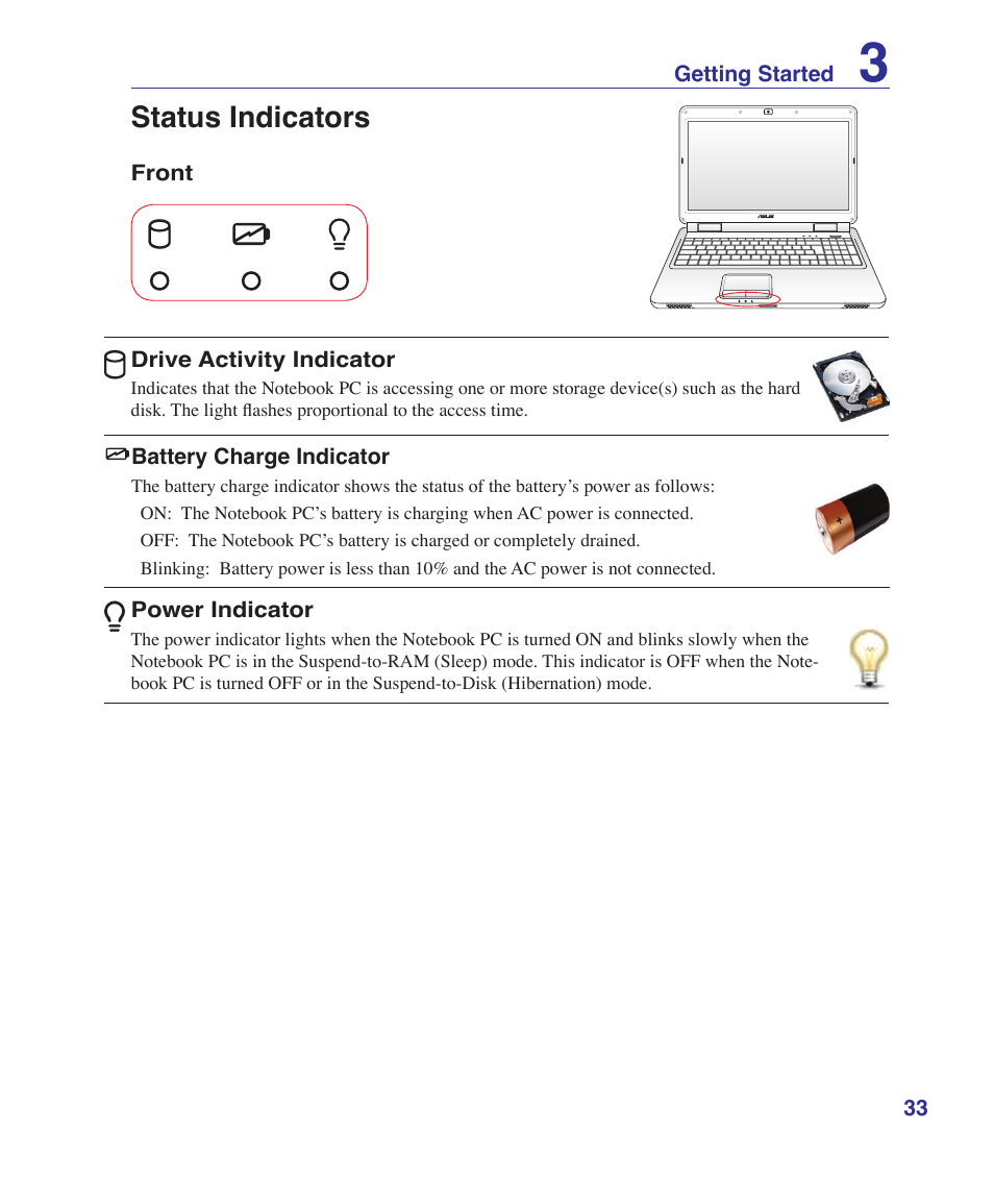 Status indicators | Asus X5DIN User Manual | Page 33 / 78