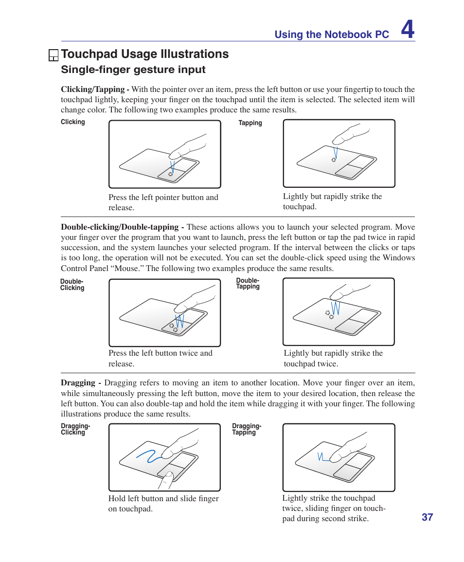 Touchpad usage illustrations | Asus X5DIN User Manual | Page 37 / 78