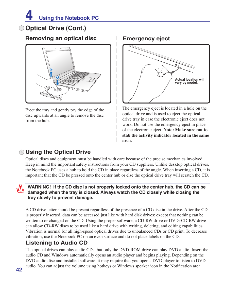 Optical drive (cont.) | Asus X5DIN User Manual | Page 42 / 78