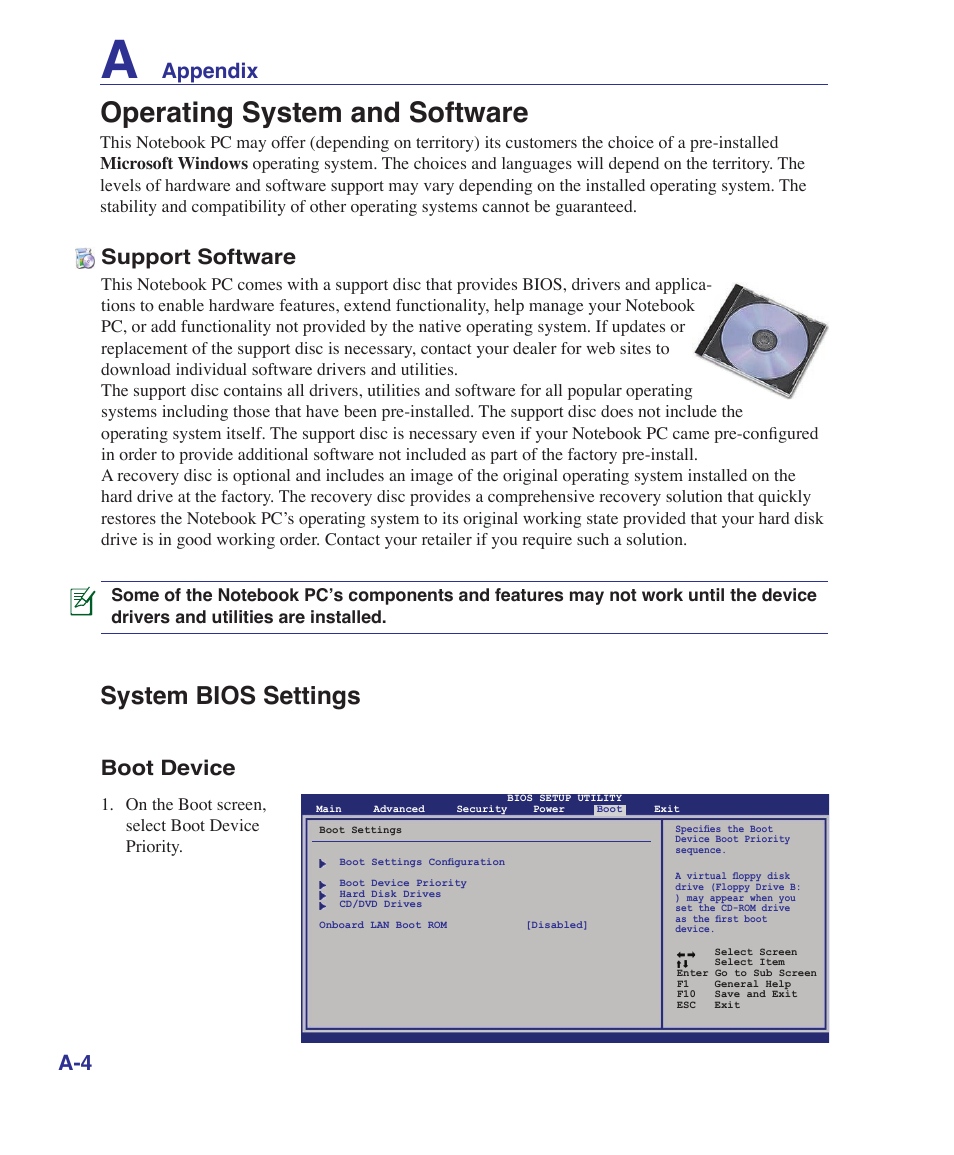 Operating system and software, System bios settings, Appendix a-4 support software | Boot device | Asus X5DIN User Manual | Page 52 / 78