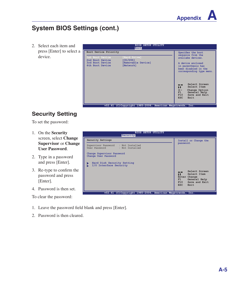 System bios settings (cont.), Appendix, Security setting | Asus X5DIN User Manual | Page 53 / 78