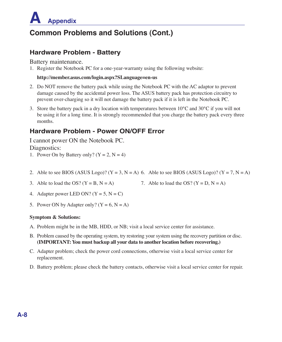 Common problems and solutions (cont.) | Asus X5DIN User Manual | Page 56 / 78