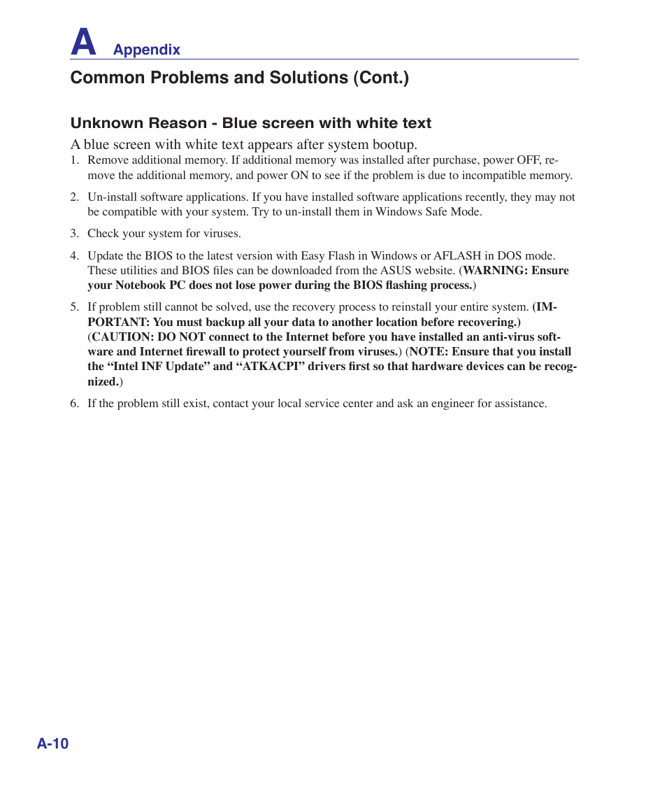 Common problems and solutions (cont.) | Asus X5DIN User Manual | Page 58 / 78