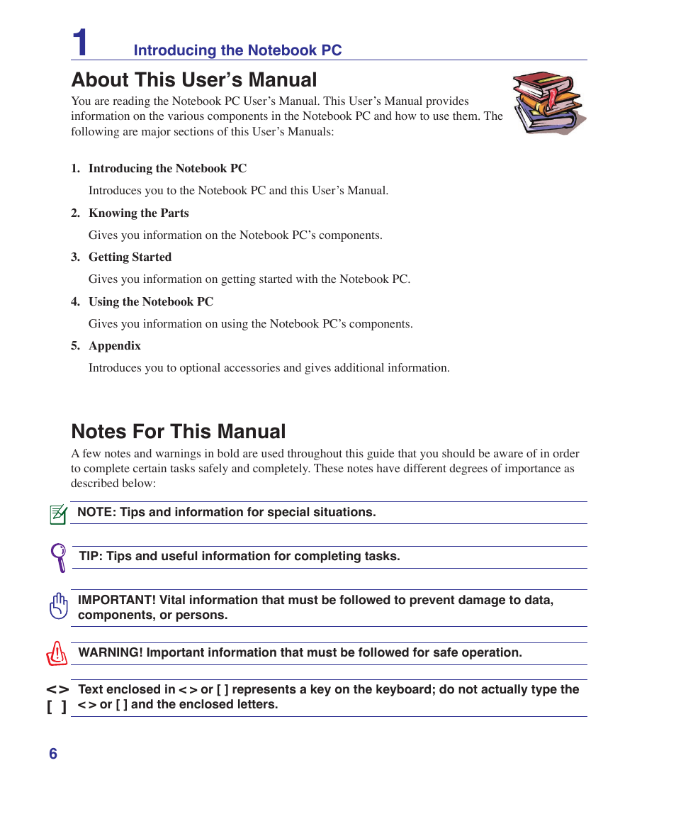 About this user’s manual, Notes for this manual | Asus X5DIN User Manual | Page 6 / 78