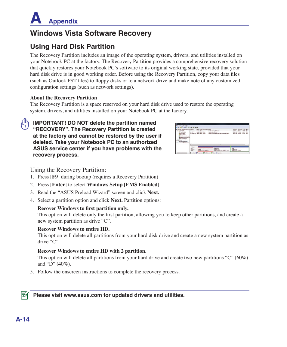 Windows vista software recovery | Asus X5DIN User Manual | Page 62 / 78