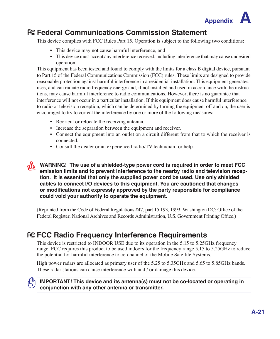 Federal communications commission statement, Fcc radio frequency interference requirements | Asus X5DIN User Manual | Page 69 / 78