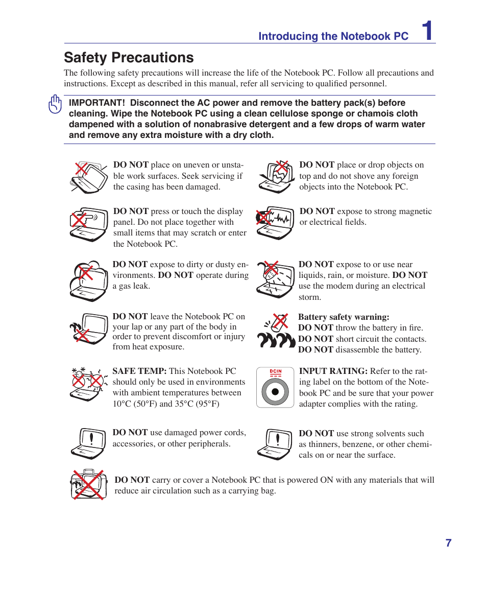 Safety precautions | Asus X5DIN User Manual | Page 7 / 78