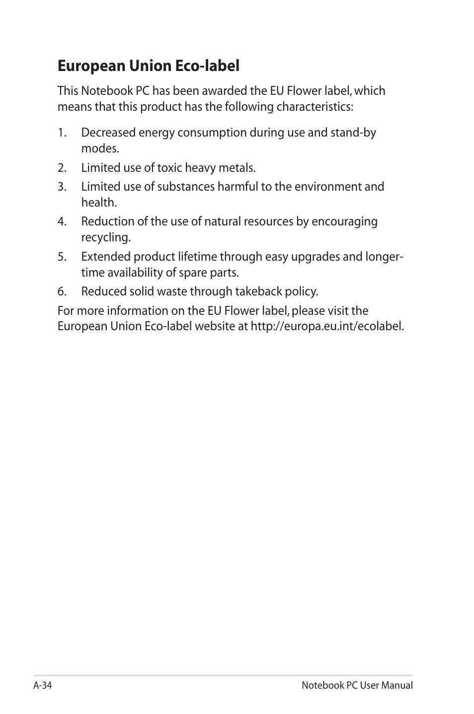 European union eco-label | Asus X5MSM User Manual | Page 108 / 114