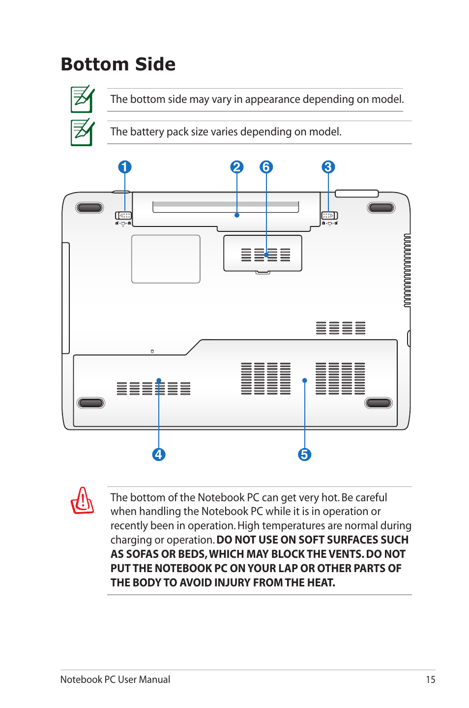 Bottom side | Asus X5MSM User Manual | Page 15 / 114