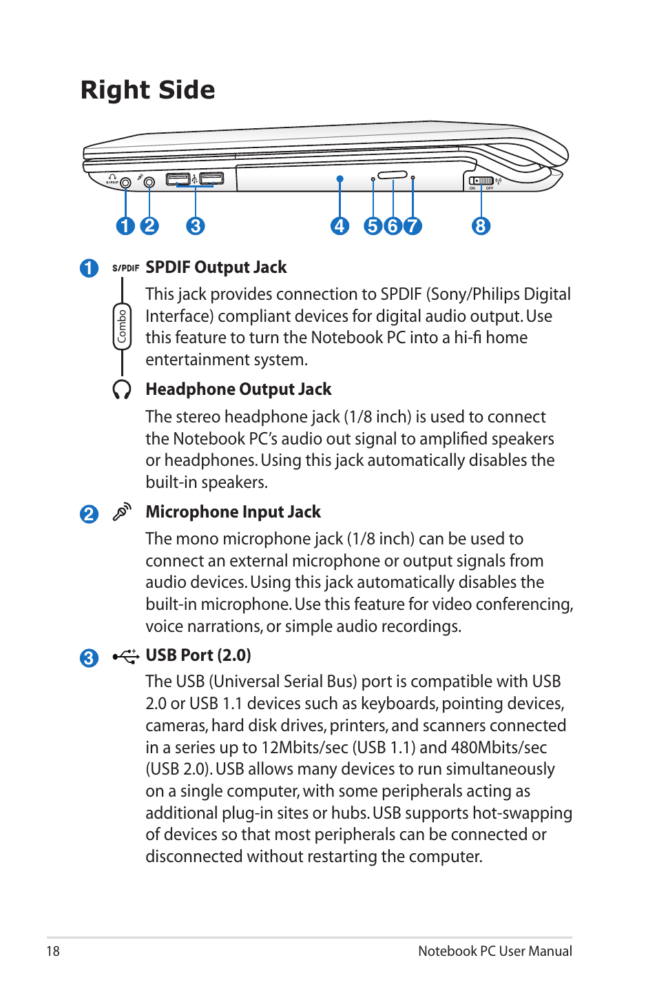 Right side | Asus X5MSM User Manual | Page 18 / 114