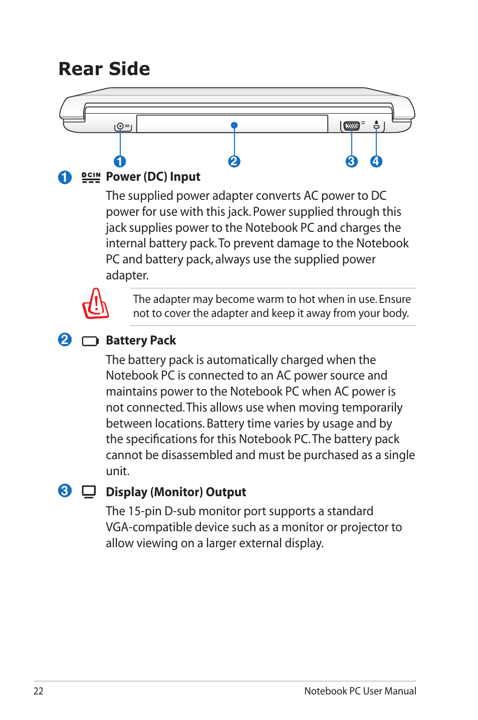 Rear side | Asus X5MSM User Manual | Page 22 / 114