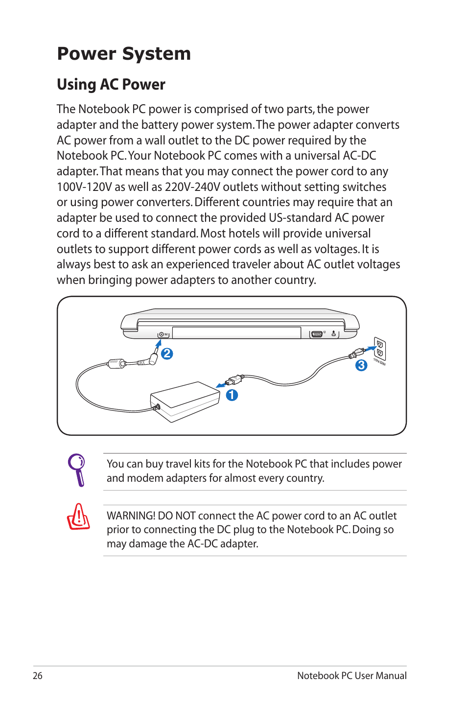 Power system, Using ac power | Asus X5MSM User Manual | Page 26 / 114