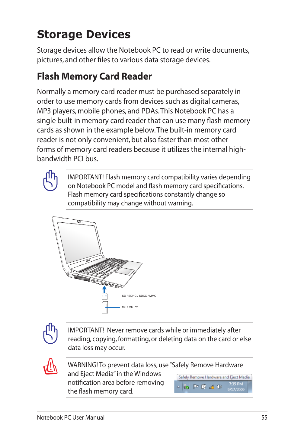 Storage devices, Flash memory card reader | Asus X5MSM User Manual | Page 55 / 114