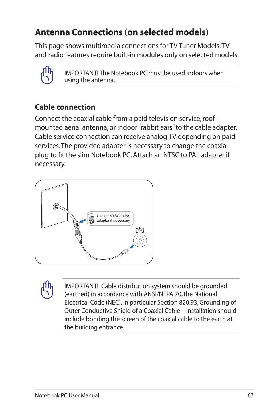Antenna connections (on selected models), Cable connection | Asus X5MSM User Manual | Page 67 / 114