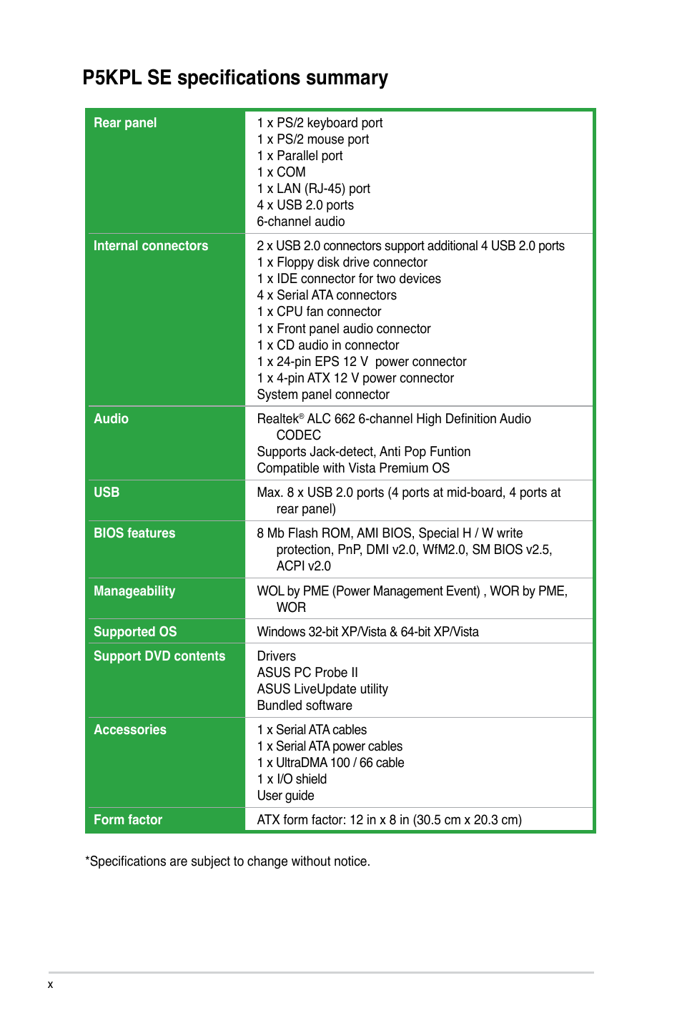 P5kpl se specifications summary | Asus P5KPL SE User Manual | Page 10 / 60