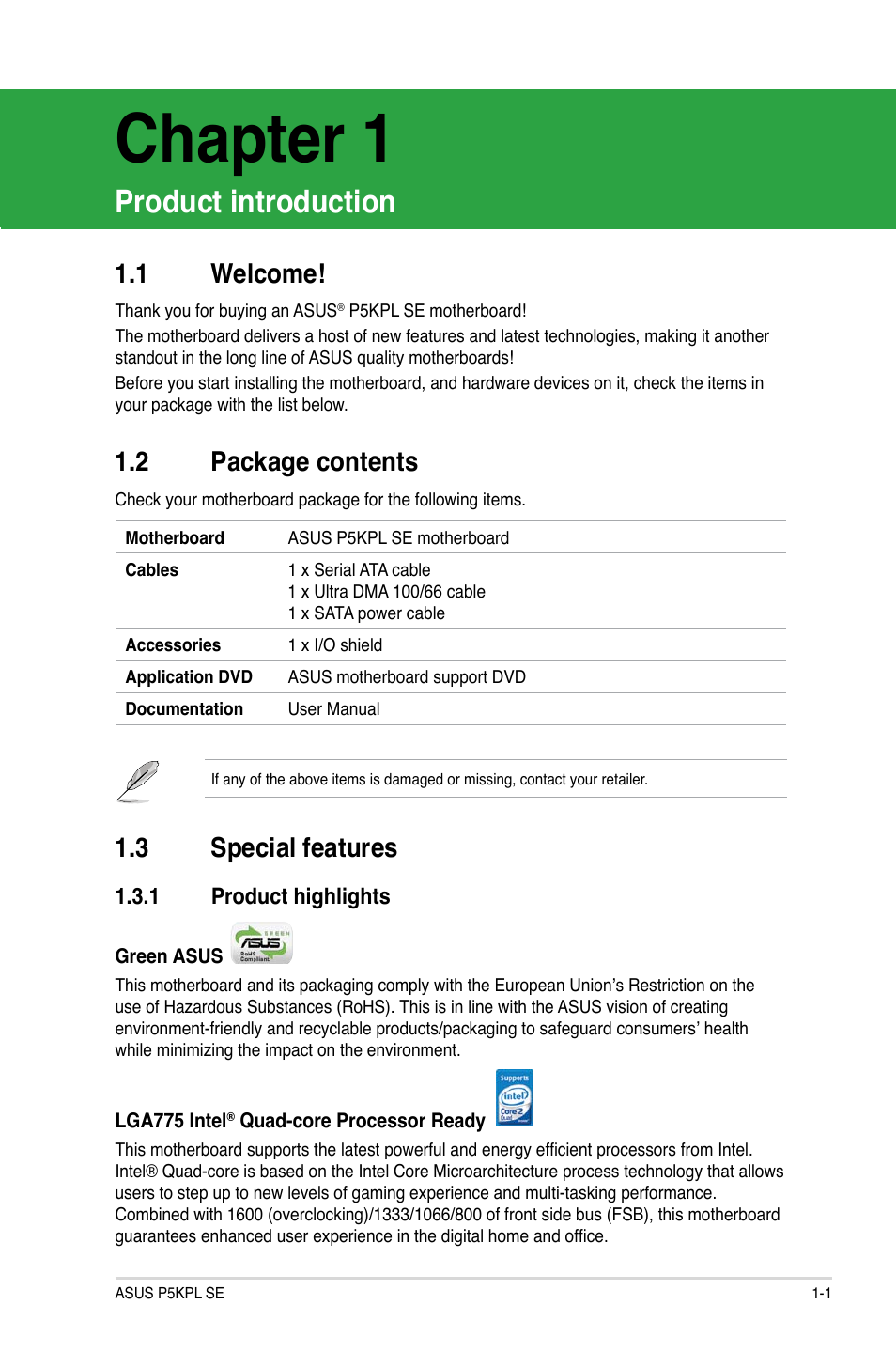 Chapter 1, Product introduction, 1 welcome | 2 package contents, 3 special features, 1 product highlights, Chapter.1product.introduction -1, Welcome! -1, Package.contents -1, Special.features -1 1.3.1 | Asus P5KPL SE User Manual | Page 11 / 60