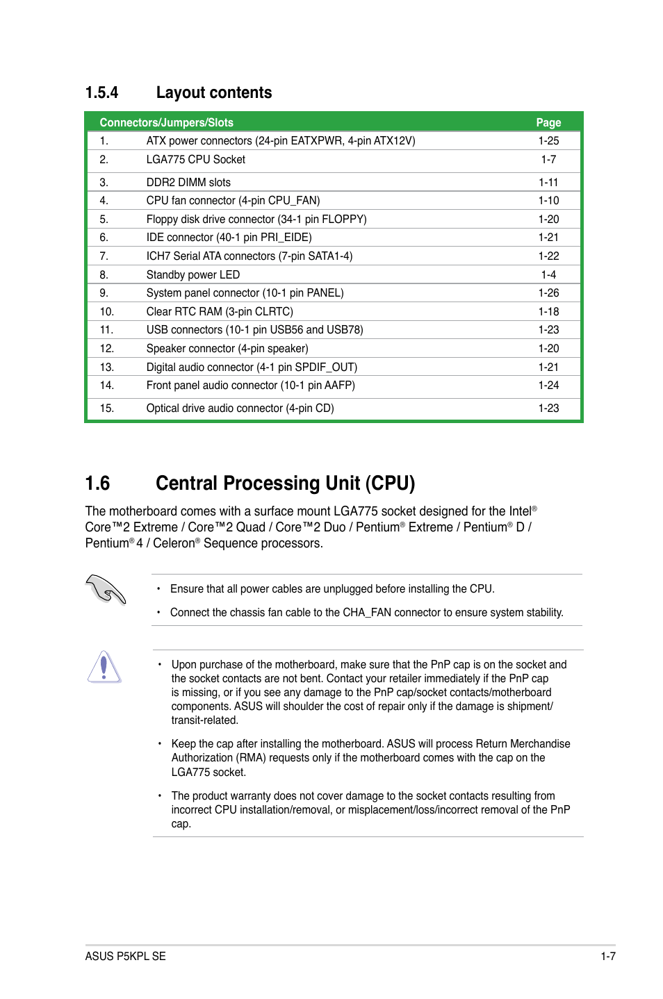 4 layout contents, 6 central processing unit (cpu), Layout contents -7 | Central.processing.unit.(cpu) -7, Central.processing.unit.(cpu), Layout.contents | Asus P5KPL SE User Manual | Page 17 / 60