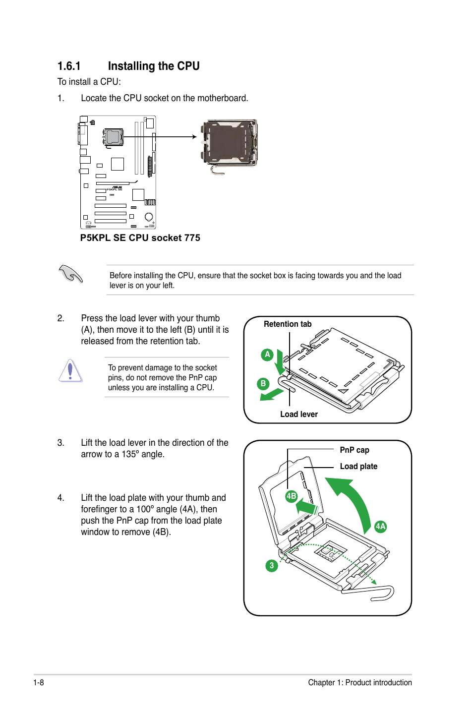 1 installing the cpu, Installing the cpu -8, Installing.the.cpu | Asus P5KPL SE User Manual | Page 18 / 60