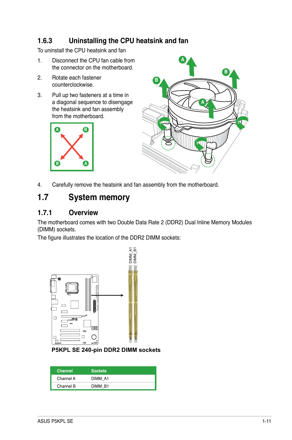 3 uninstalling the cpu heatsink and fan, 7 system memory, 1 overview | Uninstalling the cpu heatsink and fan -11, System.memory -11 1.7.1, Overview -11, Uninstalling.the.cpu.heatsink.and.fan, Overview | Asus P5KPL SE User Manual | Page 21 / 60
