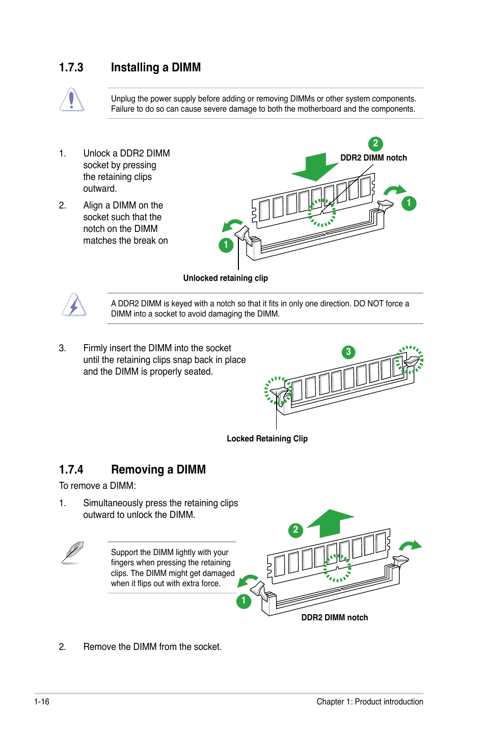 3 installing a dimm, 4 removing a dimm, Installing a dimm -16 | Removing a dimm -16, Installing.a.dimm, Removing.a.dimm | Asus P5KPL SE User Manual | Page 26 / 60