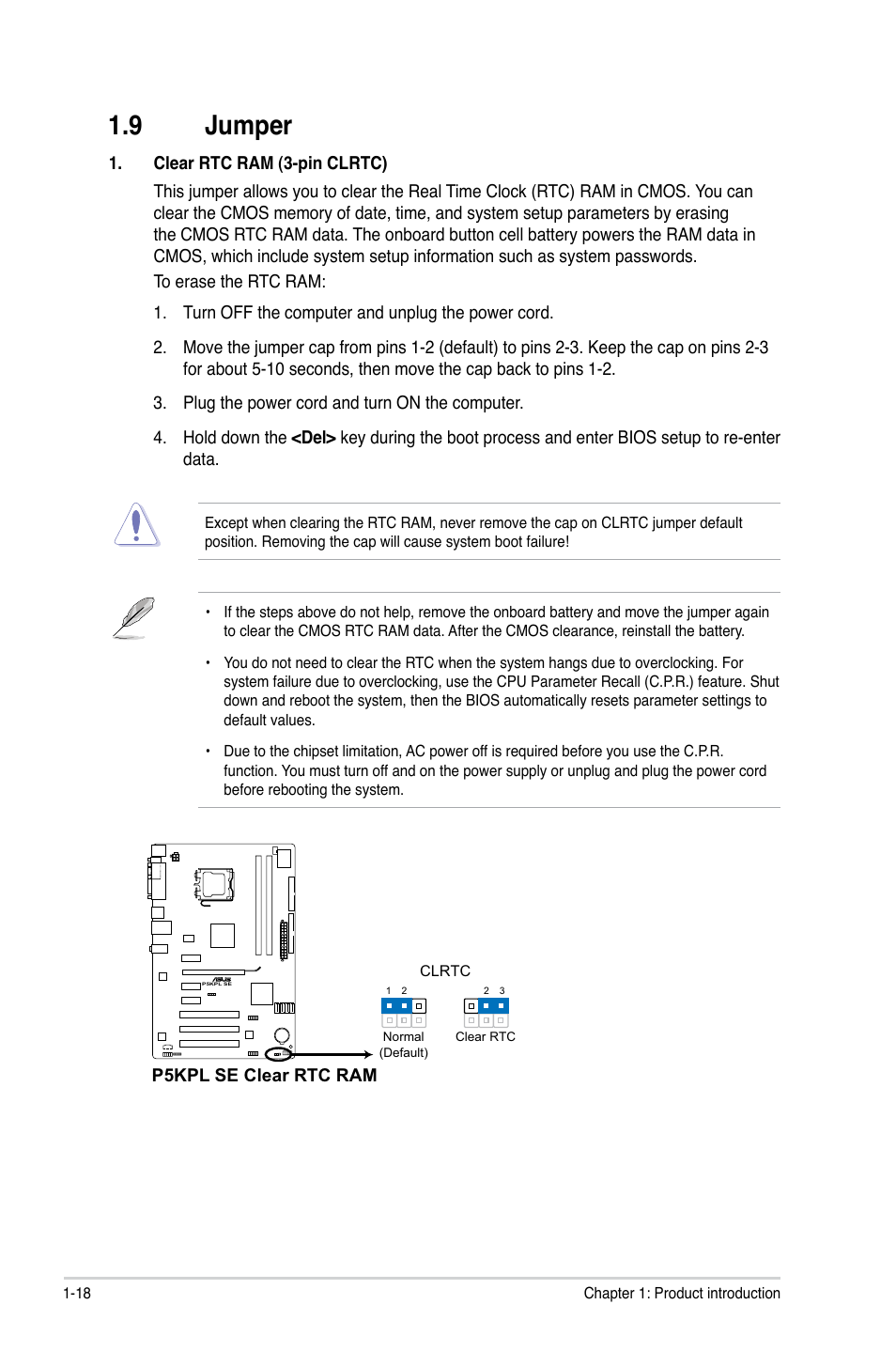 9 jumper, Jumper -18, Jumper | Asus P5KPL SE User Manual | Page 28 / 60