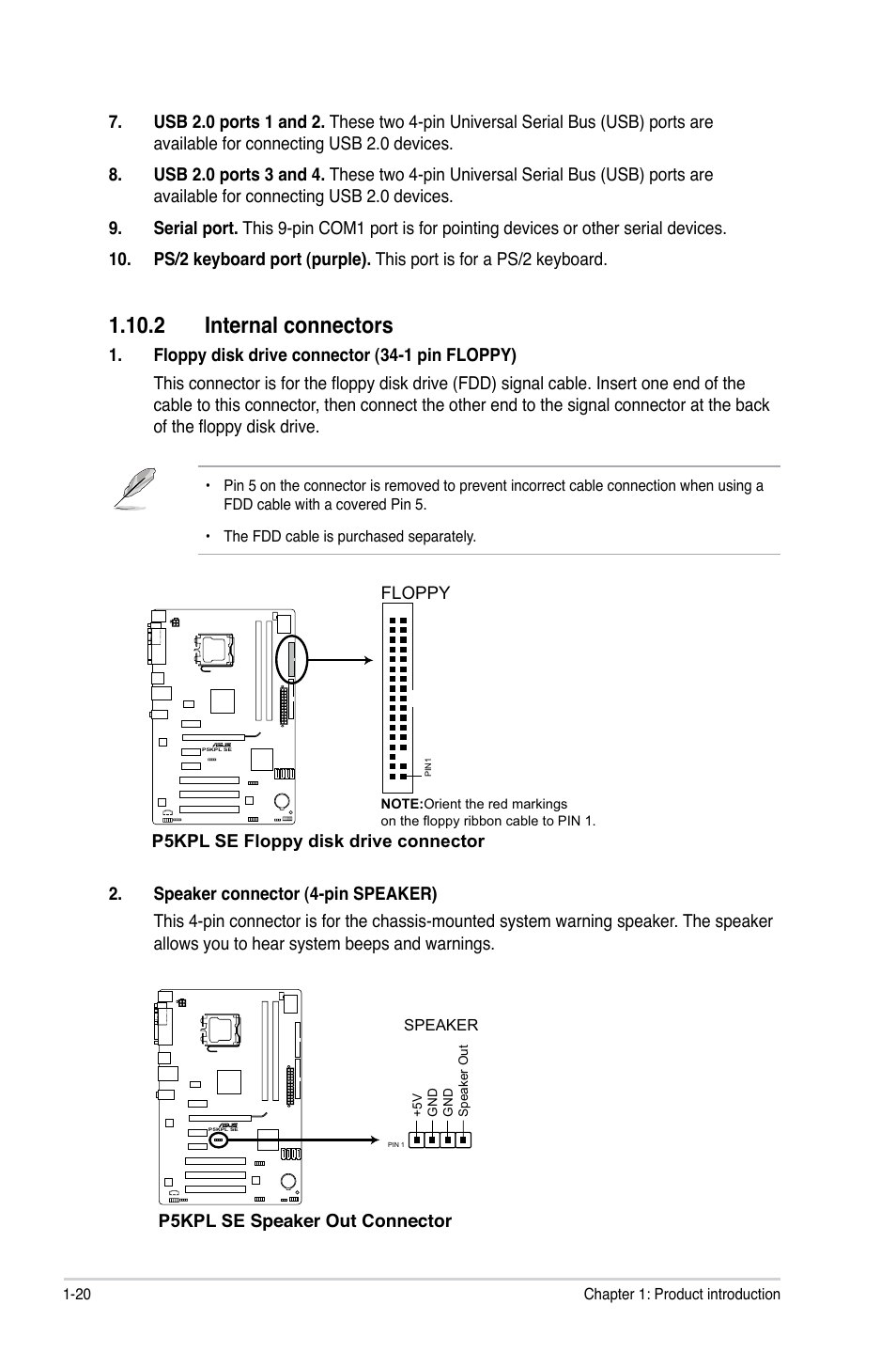 2 internal connectors, 2 internal connectors -20, Internal.connectors | Asus P5KPL SE User Manual | Page 30 / 60