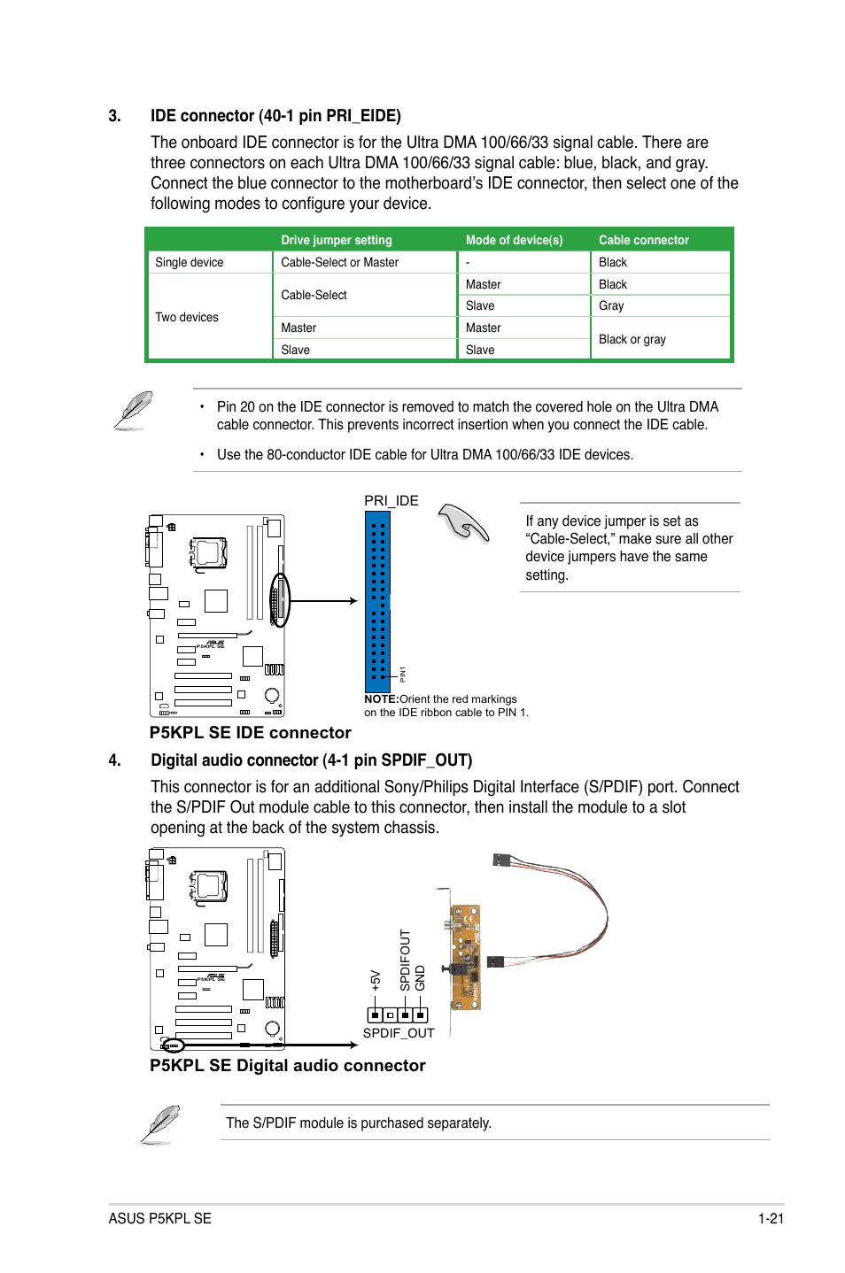 P5kpl se ide connector, P5kpl se digital audio connector | Asus P5KPL SE User Manual | Page 31 / 60