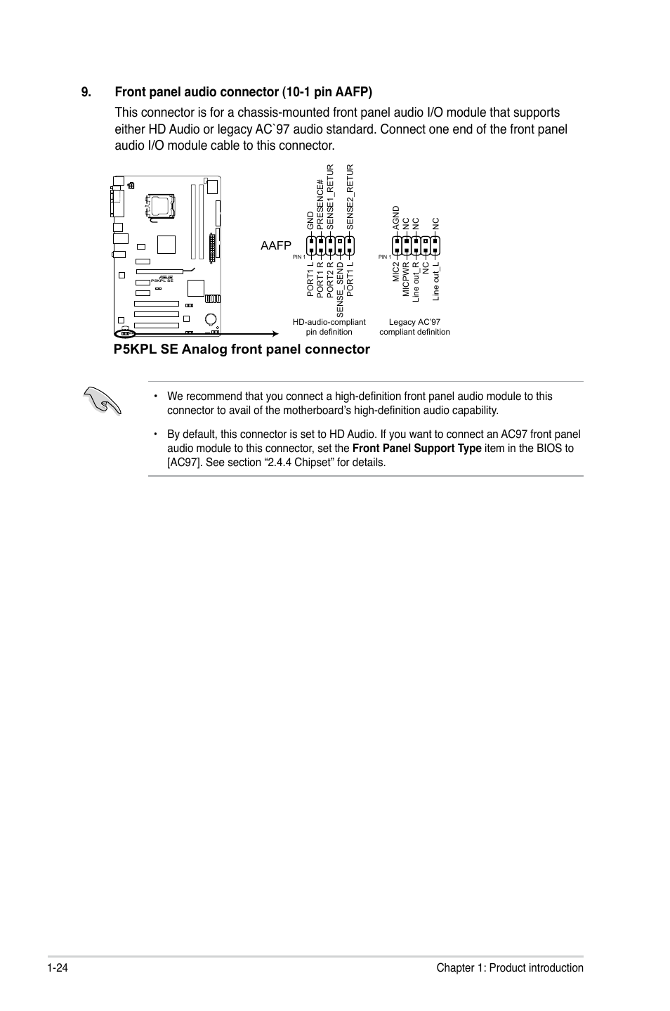P5kpl se analog front panel connector, 24 chapter 1: product introduction, Aafp | Asus P5KPL SE User Manual | Page 34 / 60
