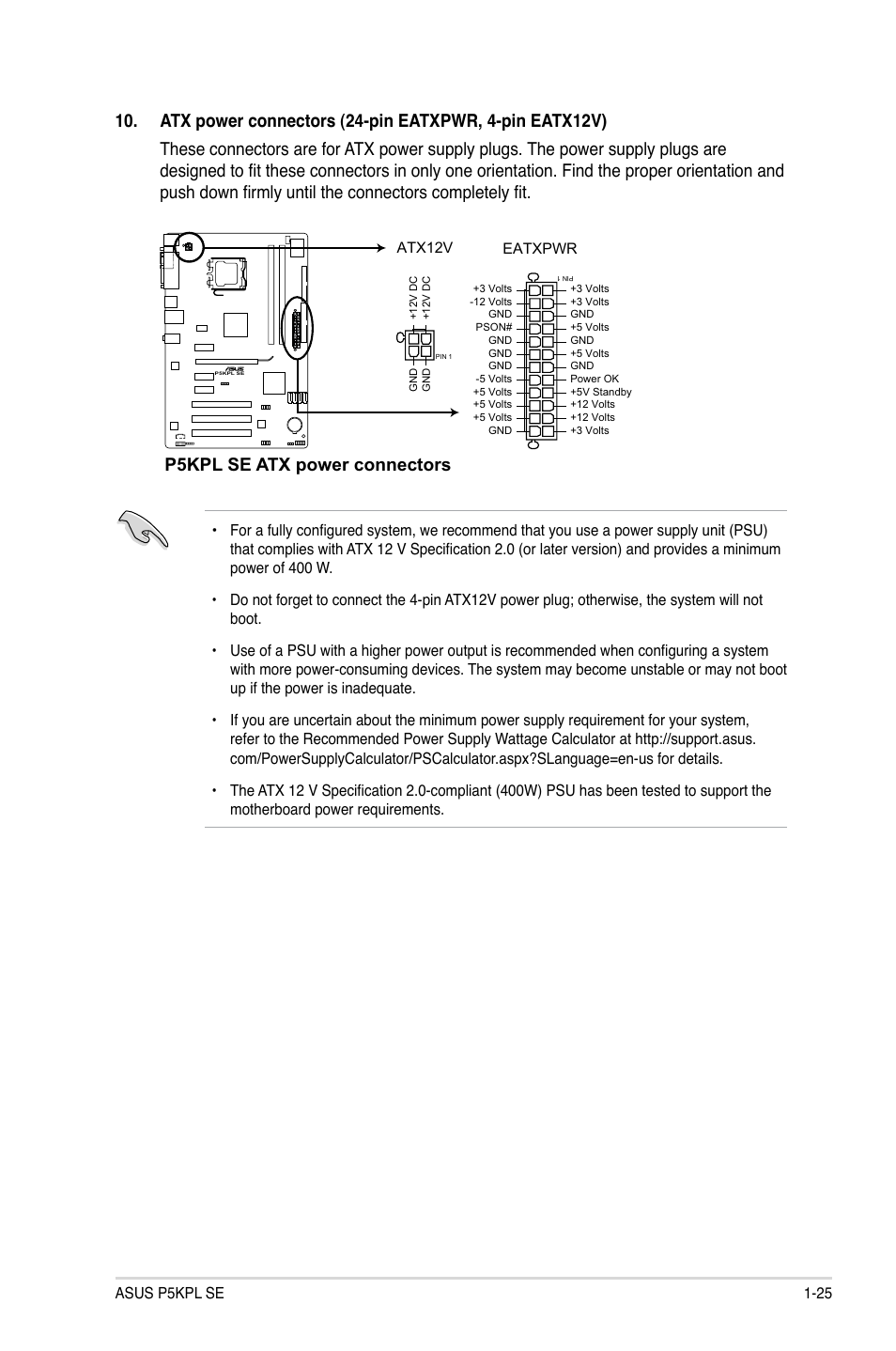P5kpl se atx power connectors | Asus P5KPL SE User Manual | Page 35 / 60