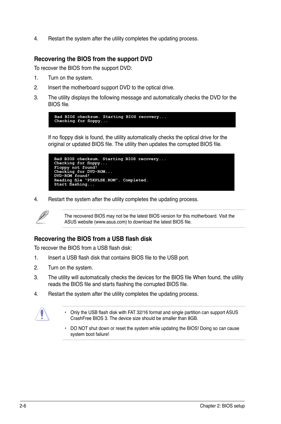 Recovering.the.bios.from.the.support.dvd, Recovering the bios from a usb flash disk | Asus P5KPL SE User Manual | Page 44 / 60