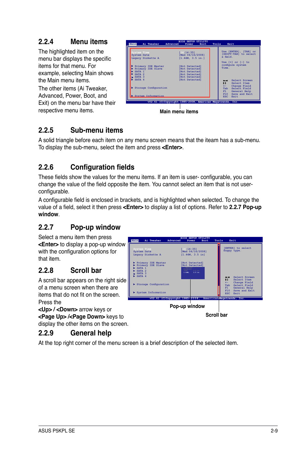 4 menu items, 5 sub-menu items, 6 configuration fields | 7 pop-up window, 8 scroll bar, 9 general help, Menu items -9, Sub-menu items -9, Configuration fields -9, Pop-up window -9 | Asus P5KPL SE User Manual | Page 47 / 60