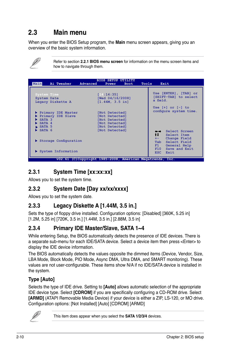 3 main menu, 1 system time, 2 system date | 3 legacy diskette a, 4 primary ide master/slave, sata 1~4, Main.menu -10 2.3.1, System time -10, System date -10, Legacy diskette a -10, Primary ide master/slave, sata 1~4 -10 | Asus P5KPL SE User Manual | Page 48 / 60