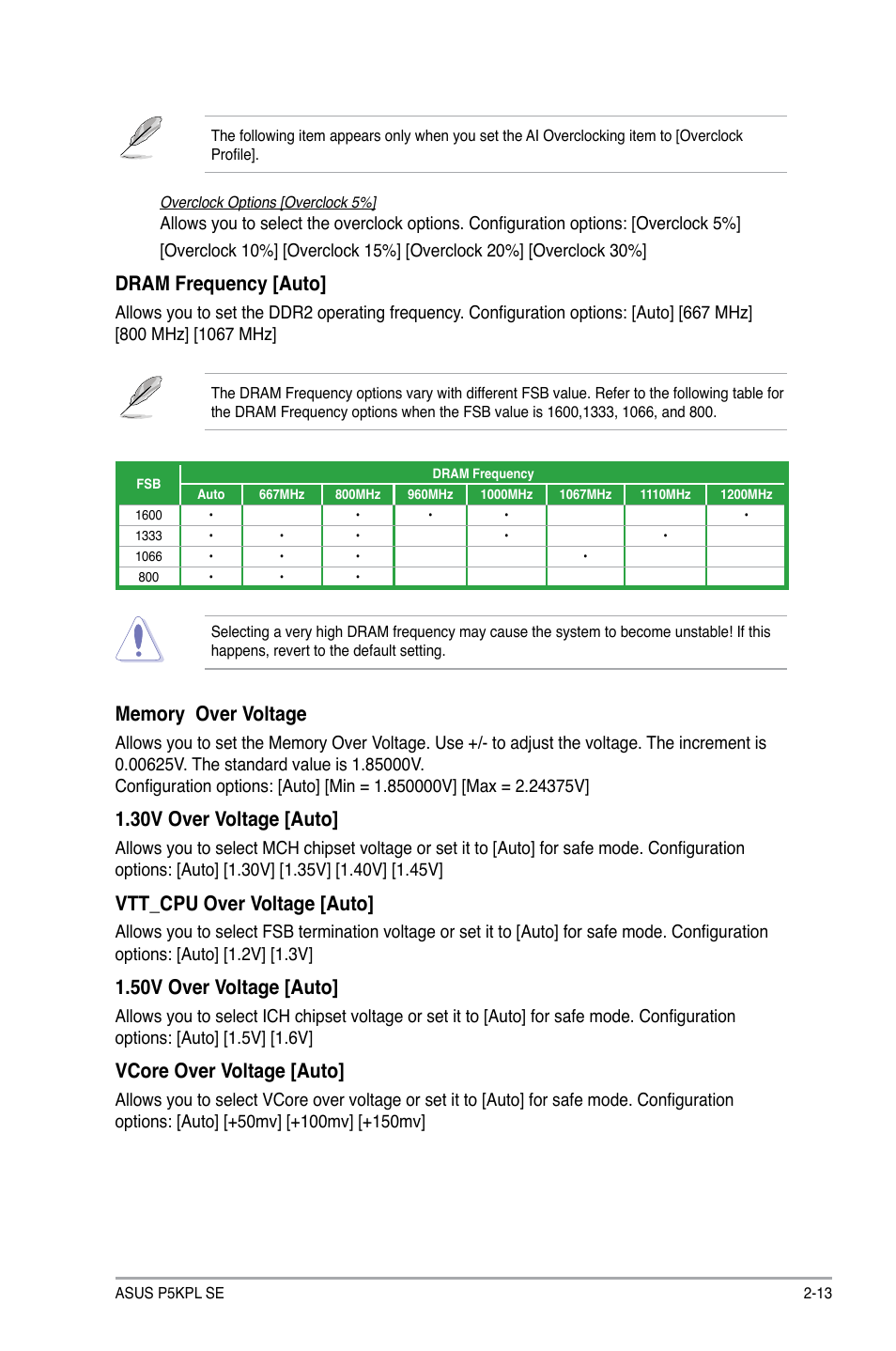 Dram.frequency.[auto, 30v.over.voltage.[auto, Vtt_cpu.over.voltage.[auto | 50v.over.voltage.[auto, Vcore.over.voltage.[auto | Asus P5KPL SE User Manual | Page 51 / 60