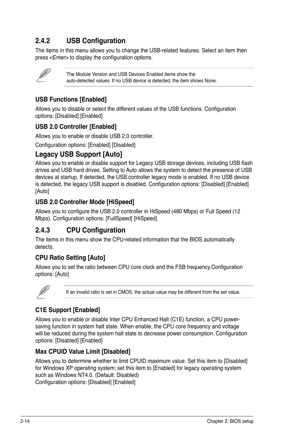 2 usb configuration, 3 cpu configuration, Usb configuration -14 | Cpu configuration -14 | Asus P5KPL SE User Manual | Page 52 / 60