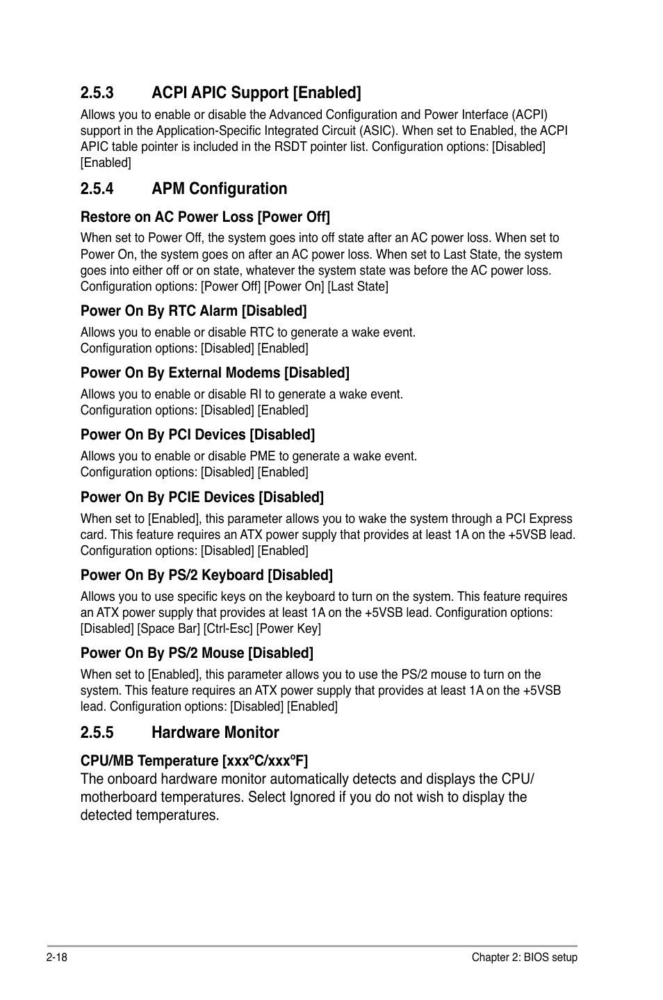 3 acpi apic support, 4 apm configuration, 5 hardware monitor | Acpi apic support -18, Apm configuration -18, Hardware monitor -18, Acpi.apic.support.[enabled, Hardware.monitor | Asus P5KPL SE User Manual | Page 56 / 60