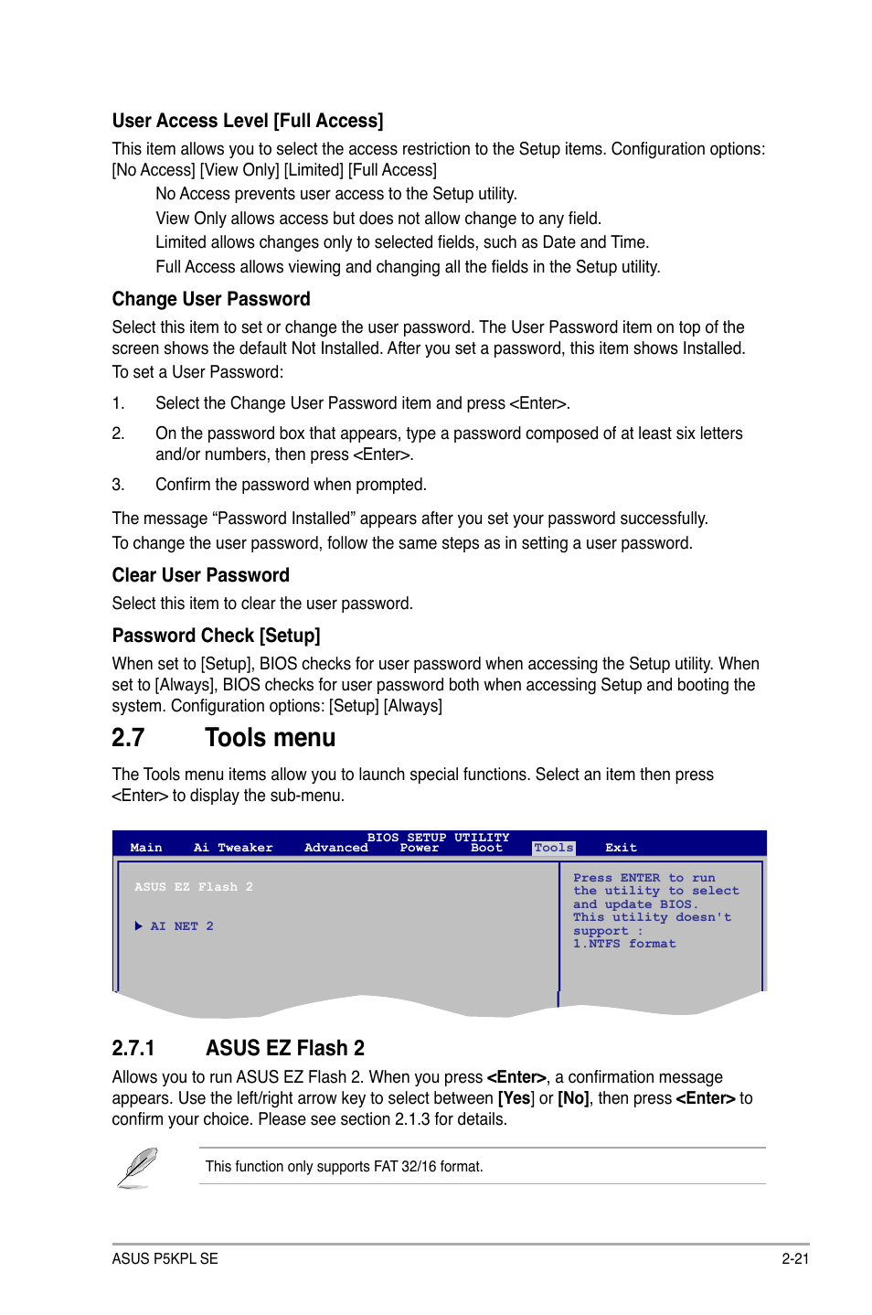 7 tools menu, 1 asus ez flash 2, Tools.menu -21 2.7.1 | Asus ez flash 2 -21, Tools.menu, Asus.ez.flash.2 | Asus P5KPL SE User Manual | Page 59 / 60