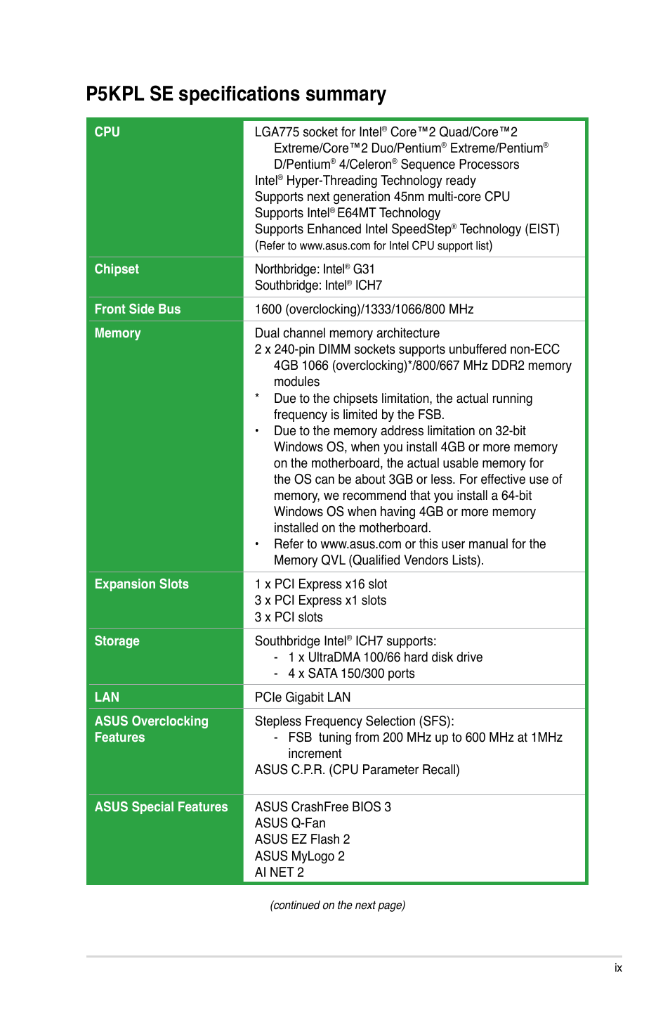 P5kpl se specifications summary | Asus P5KPL SE User Manual | Page 9 / 60