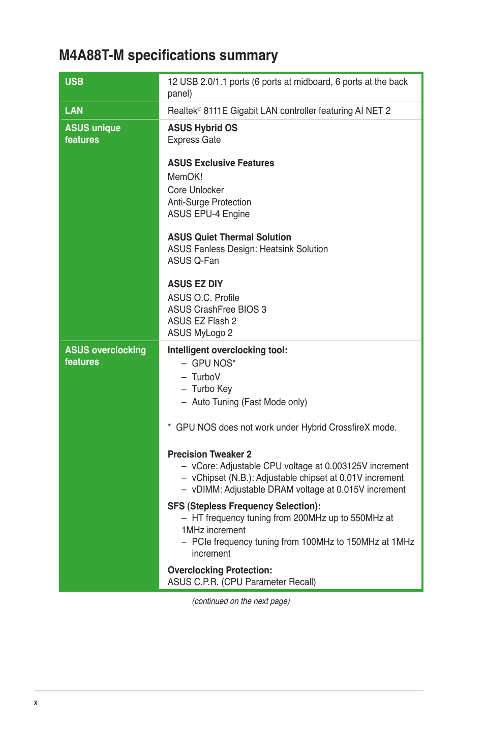 M4a88t-m specifications summary | Asus M4A88T-M/USB3 User Manual | Page 10 / 68