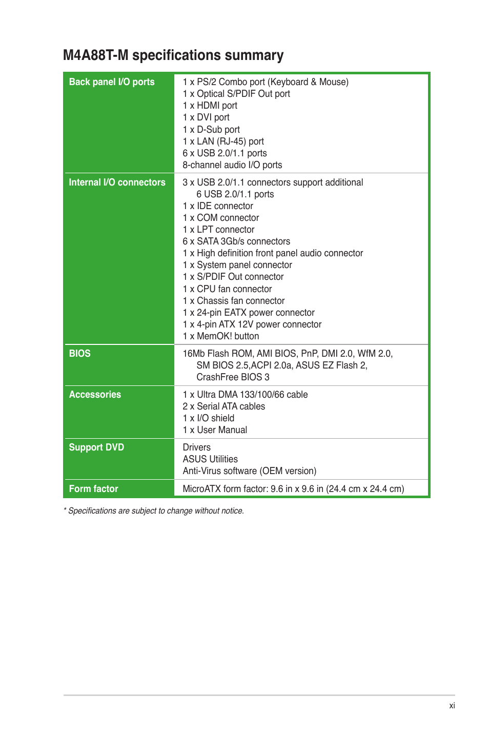 M4a88t-m specifications summary | Asus M4A88T-M/USB3 User Manual | Page 11 / 68