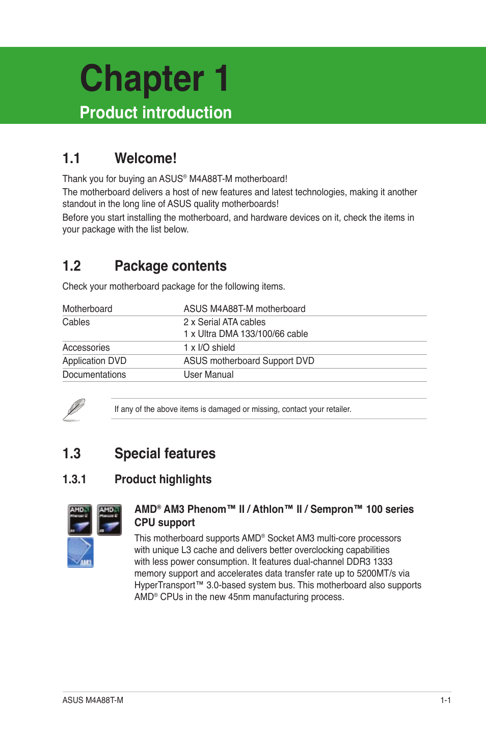 Chapter 1, Product introduction, 2 package contents | 3 special features, 1 welcome | Asus M4A88T-M/USB3 User Manual | Page 12 / 68