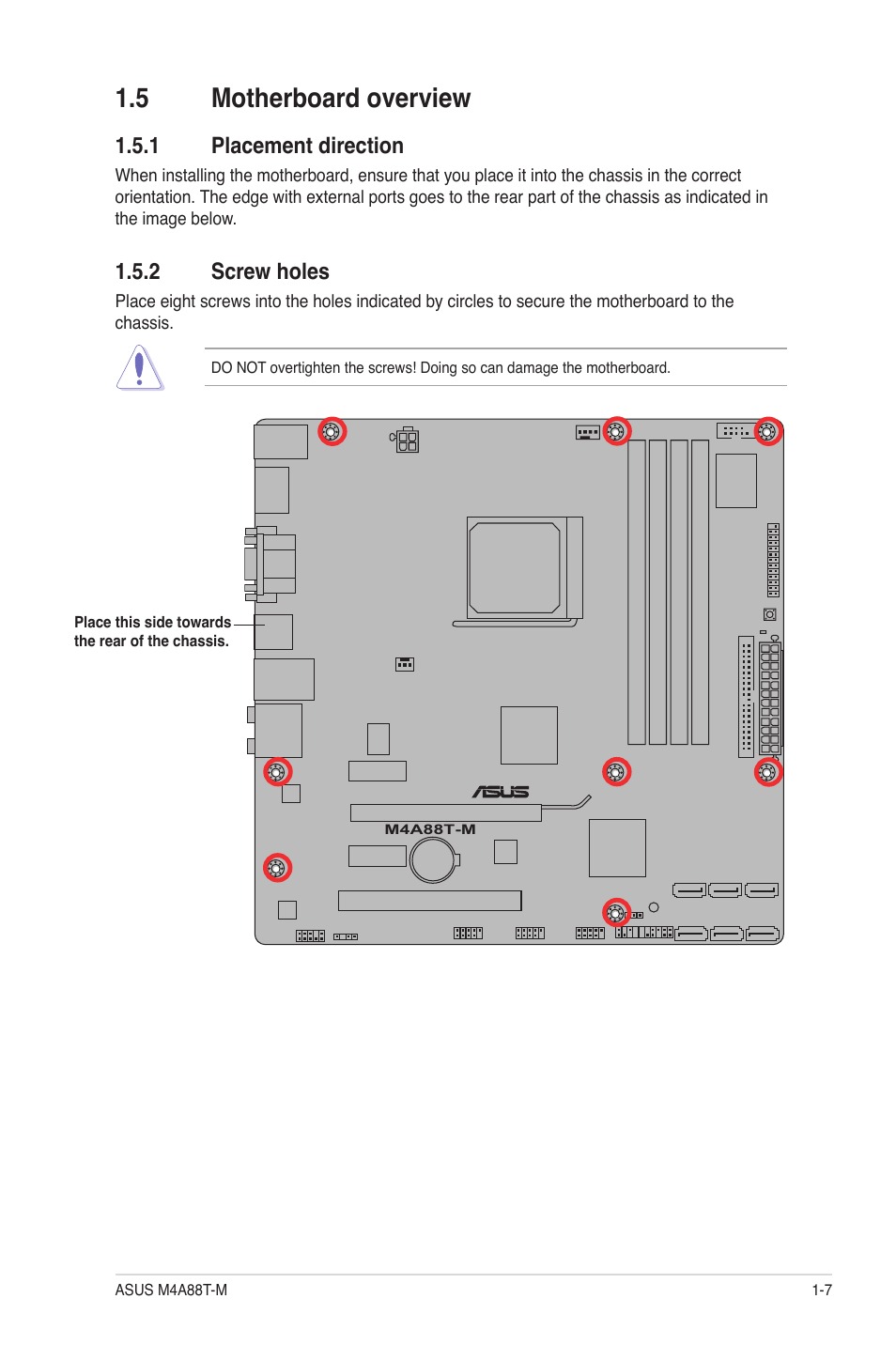 5 motherboard overview, 1 placement direction, 2 screw holes | Asus M4A88T-M/USB3 User Manual | Page 18 / 68